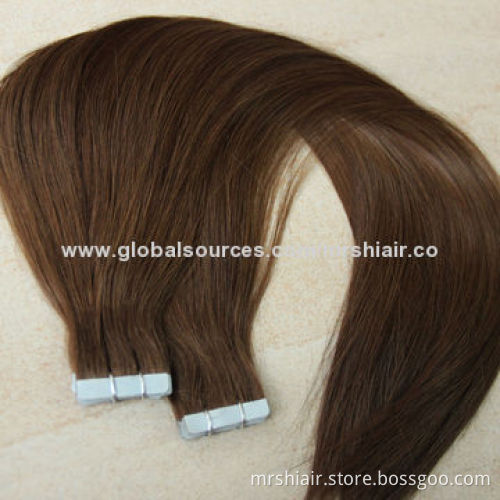 20-Inch dark brown color human virgin silk straight seamless tape weft hair extension